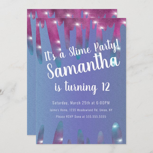 Invitation Parties scintillant Drives Slime Party Birthday Sp (Devant / Derrière)