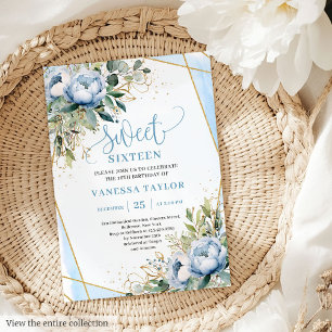 Invitation Parties scintillant Dusty Bleu Blanc Or Fleurs Swe