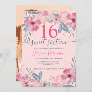 Invitation Parties scintillant Écriture florale rose aquarell