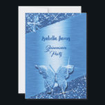 Invitation parties scintillant élégante feuille bleue étincel<br><div class="desc">Célébrez votre 15e anniversaire avec cette invitation branchée de Quinceañera. Le design comprend d'élégants papillons et des éclats de papier peint bleu chic qui ajoutent une touche de sophistication et d'élégance à votre journée spéciale. Vous pouvez le customiser avec vos informations et l'utiliser pour Quinceanera ou Sweet 16 party. Cette...</div>