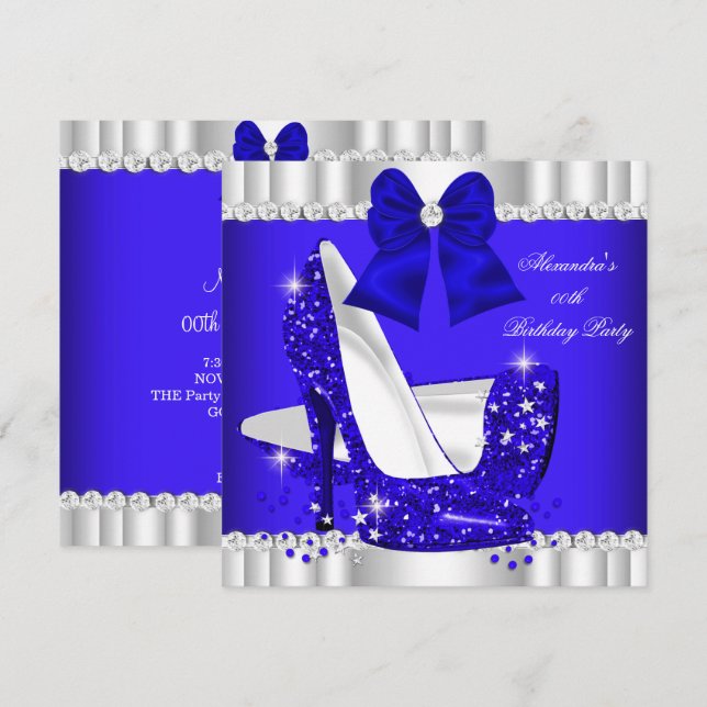 Invitation Parties scintillant élégante Royal Blue Silver Hig (Devant / Derrière)