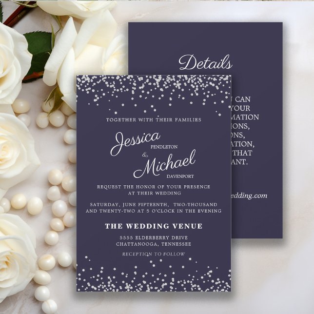 Invitation Parties scintillant en argent bleu marine Mariage  (Elegant navy blue and silver glitter 2-sided wedding invitation and details card.  )