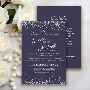 Invitation Parties scintillant en argent bleu marine Mariage