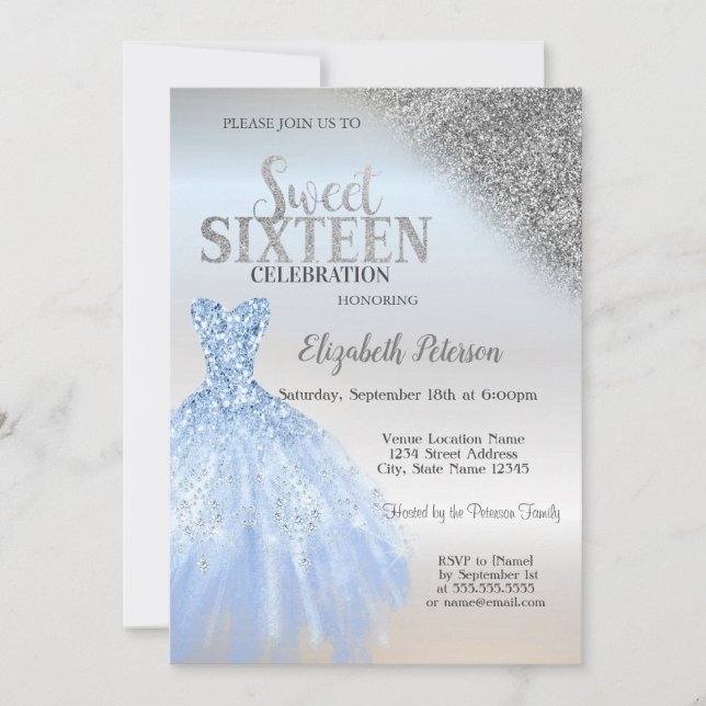 Invitation Parties scintillant en argent Bokeh, Robe bleue Si (Devant)