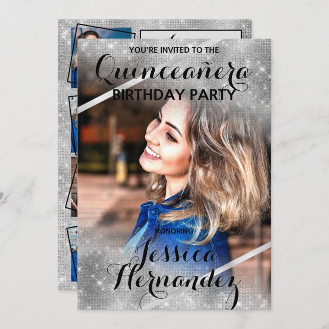 Invitation Parties scintillant en argent Coins de séquence Ph (Devant / Derrière)