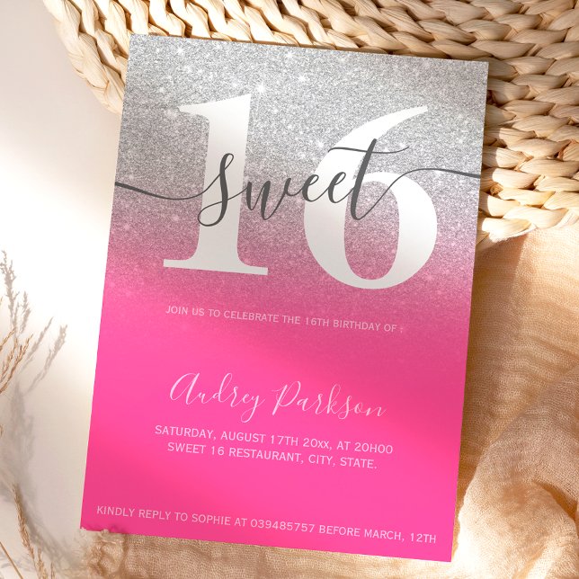 Invitation Parties scintillant en argent neon rose ombre girl (Créateur téléchargé)