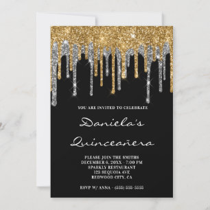 Invitation Parties scintillant en argent or noir Quinceañera