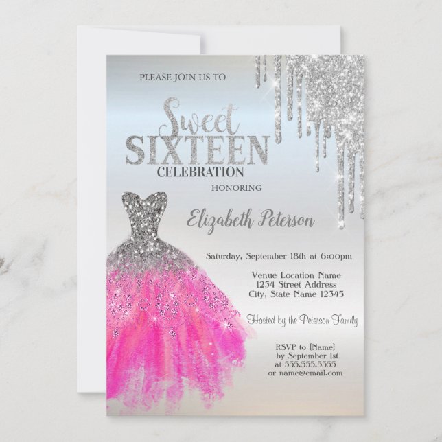 Invitation Parties scintillant en argent, Robe adorable Sweet (Devant)