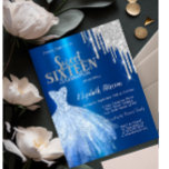 Invitation Parties scintillant en argent, Robe bleu métalliqu<br><div class="desc">Elégante robe bleue et parties scintillant argent goutte sur un arrière - plan bleu métallique.</div>