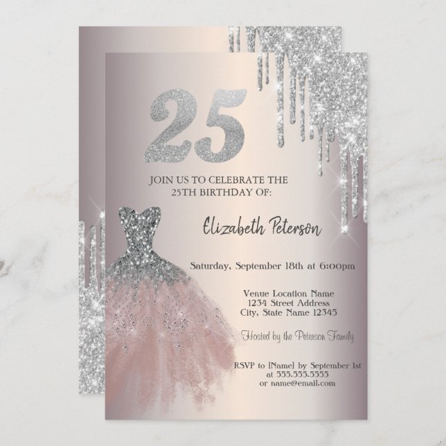 Invitation Parties scintillant en argent, robe chic 25e anniv (Devant / Derrière)