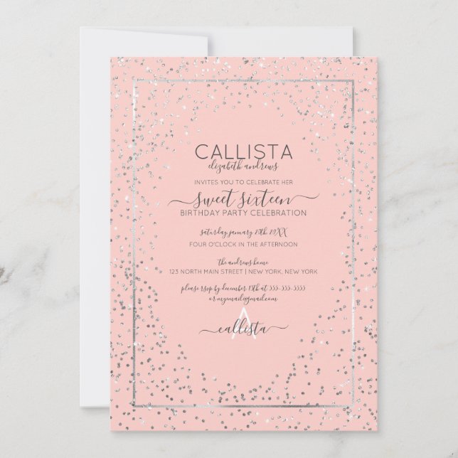 Invitation Parties scintillant en argent rose Confetti Bordur (Devant)
