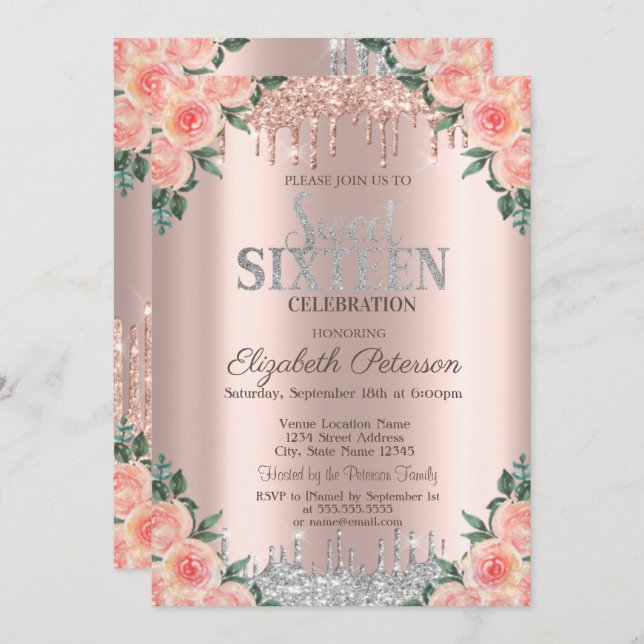 Invitation Parties scintillant en argent Rose or Floral Sweet (Devant / Derrière)