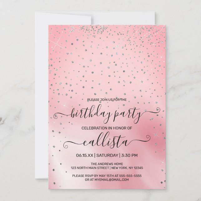 Invitation Parties scintillant en argent rose princesse Confe (Devant)