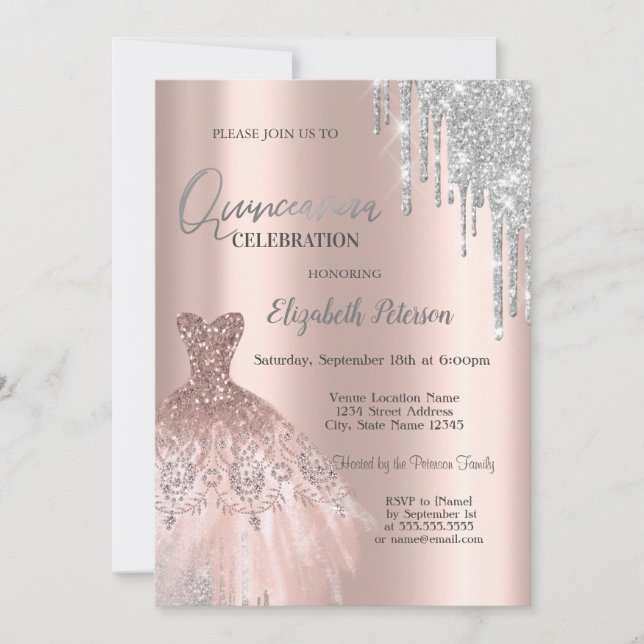 Invitation Parties scintillant en argent, Rose  robe or Quinc (Devant)