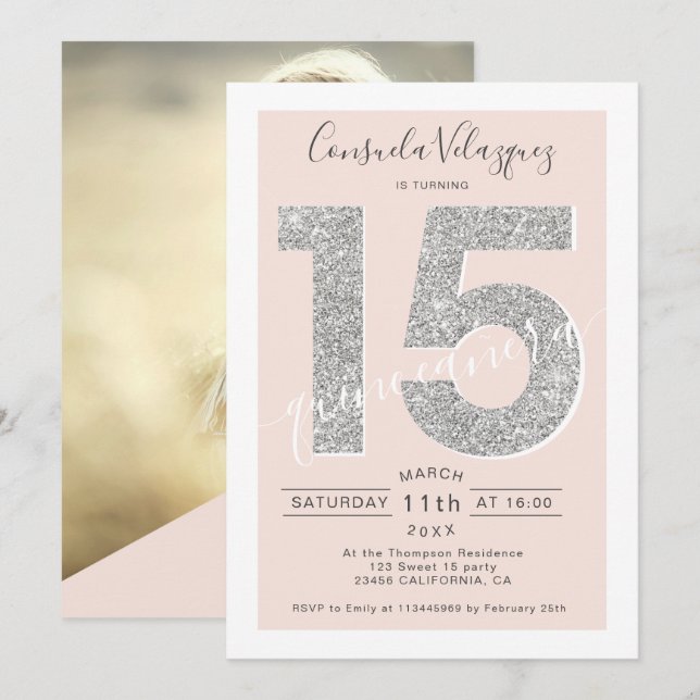 Invitation Parties scintillant en argent, script blush quince (Devant / Derrière)