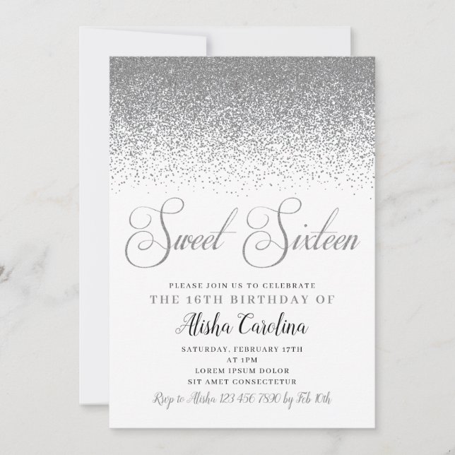 Invitation Parties scintillant en argent Sweet sixteen Invita (Devant)