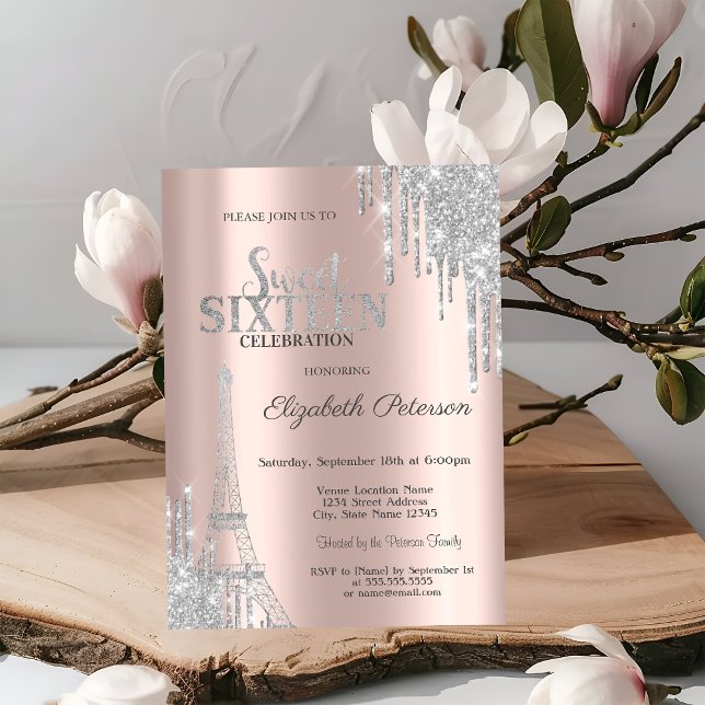Invitation Parties scintillant en argent, Tour Eiffel Sweet 1 (Créateur téléchargé)
