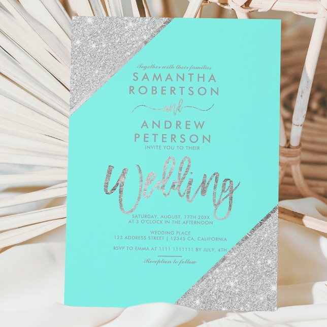 Invitation Parties scintillant en argent typographie aqua ble (Créateur téléchargé)