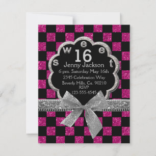 Invitation Parties scintillant en damier rose et noir Sweet 1