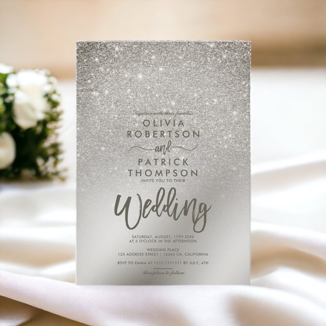Invitation Parties scintillant en ivoire argenté ombre métall (Silver ivory glitter ombre metallic foil wedding invitation)