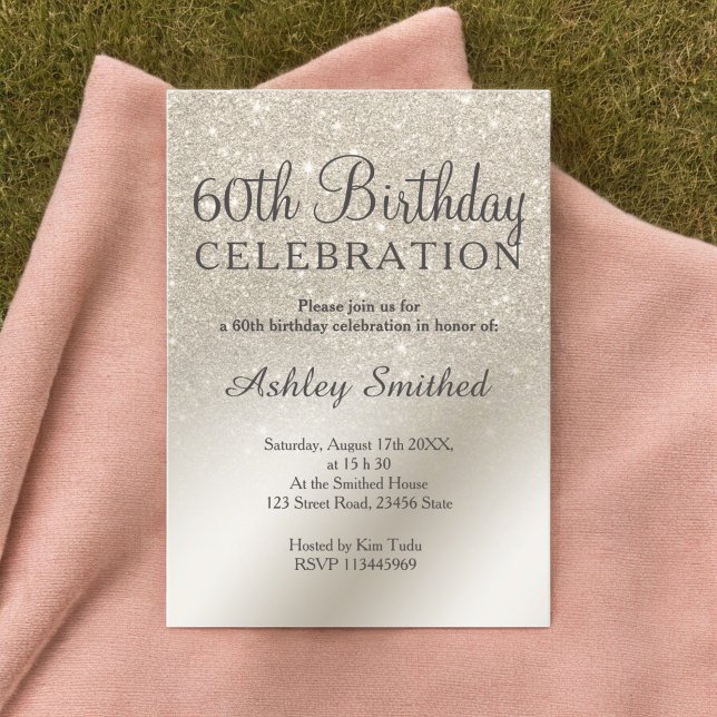 Invitation parties scintillant en ivoire perle ombre métalliq (pearl ivory glitter ombre metallic 60th birthday invitation)