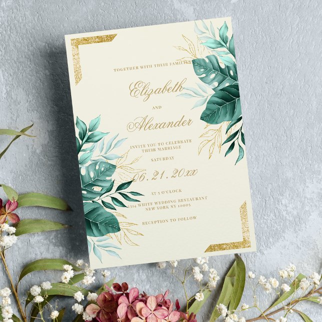 Invitation Parties scintillant en ivoire vert tropicale maria (Tropical green ivory gold glitter floral wedding )
