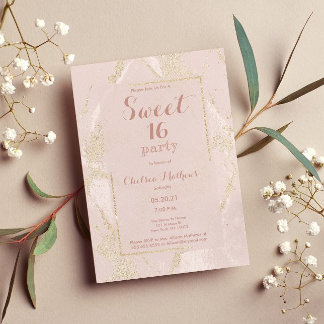 Invitation Parties scintillant en marbre rose vif moderne Swe (Modern blush pink gold glitter marble Sweet 16 Invitation)