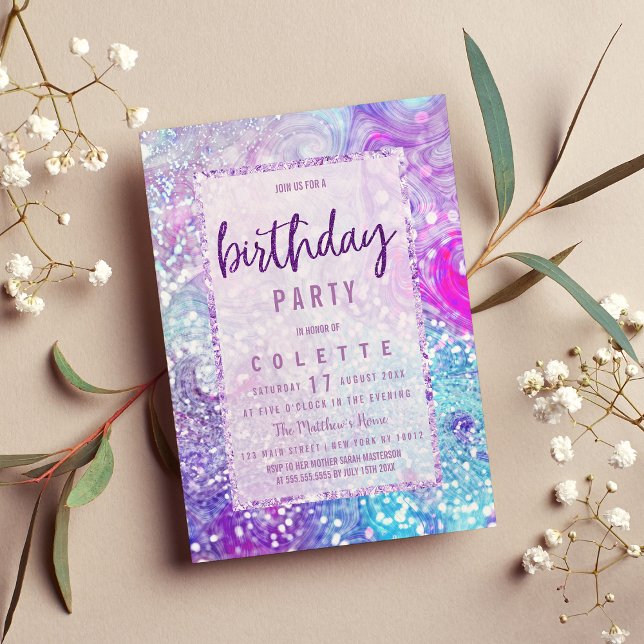 Invitation Parties scintillant en marbre turquoise lavande  A (Lavender purple teal marble glitter Birthday Party Invitation )