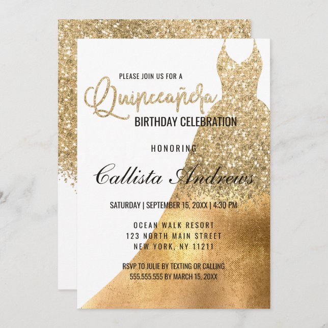 Invitation Parties scintillant en or blanc glamour Quinceañer (Devant / Derrière)