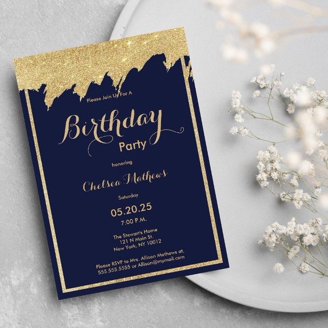 Invitation Parties scintillant en or bleu marine coups de pin (Navy blue gold glitter brushstrokes Birthday Party Invitation )