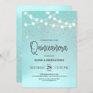 Invitation Parties scintillant en or bleu turquoise éclats Qu