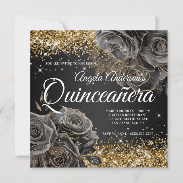Invitation Parties scintillant en or brillant Rose noir Glam  (Devant)