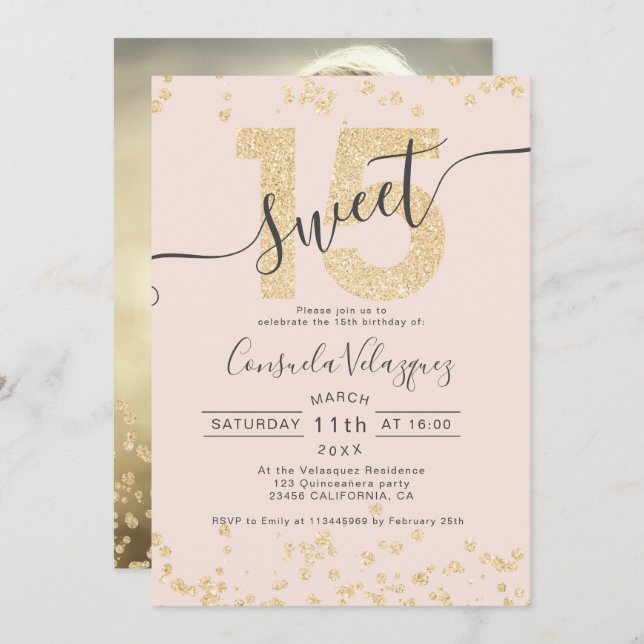 Invitation Parties scintillant en or chic confetti blush Quin (Devant / Derrière)