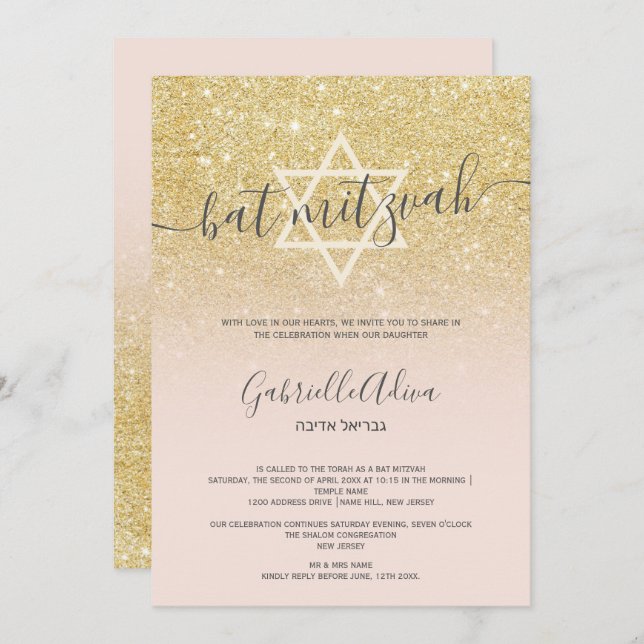Invitation Parties scintillant en or chic rousse rose girly b (Devant / Derrière)
