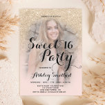 Invitation Parties scintillant en or clair moderne ombre phot<br><div class="desc">Une douche à parties scintillant moderne et jolie en or clair sombre avec bloc de couleur rose pastel clair Sweet 16 anniversaire invitation à la fête avec votre photo personnalisée avec motif clair or ombre s'estompant sur un arrière - plan rose.</div>