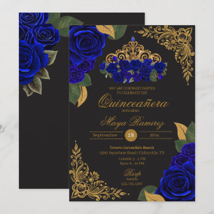 Invitation Parties scintillant en or noir Rose bleu Tiara Qui