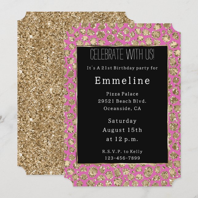Invitation Parties scintillant en or noir rose Leopard (Devant / Derrière)