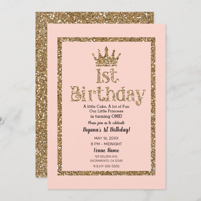 Invitation Parties scintillant en or rose 1er anniversaire Pr (Devant / Derrière)