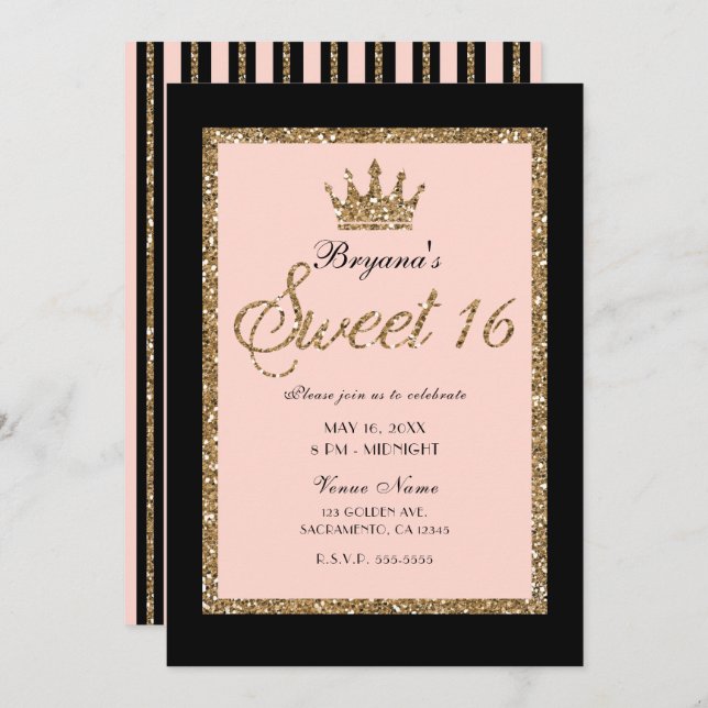 Invitation Parties scintillant en or rose & Black Sweet 16 Pr (Devant / Derrière)