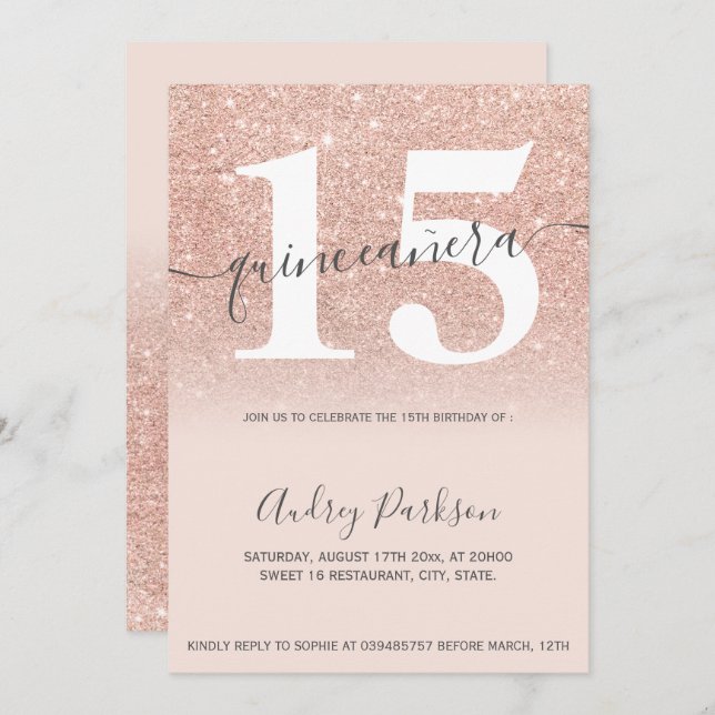 Invitation parties scintillant en or rose chic rose pâle quin (Devant / Derrière)