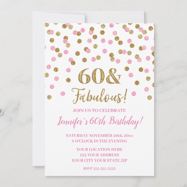 Invitation Parties scintillant en or rose Confetti 60 et fabu (Dos)