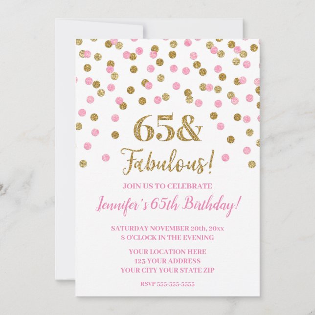 Invitation Parties scintillant en or rose Confetti 65 et fabu (Dos)