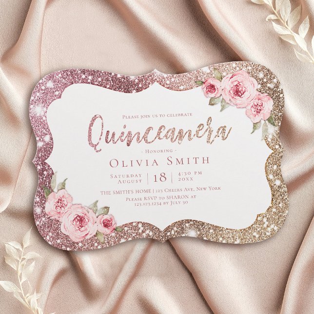 Invitation Parties scintillant en or rose et Quinceanera fleu (Sparkle rose gold glitter and floral Quinceanera Invitation)