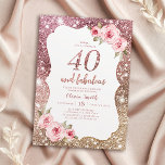 Invitation Parties scintillant en or rose étincelante et 40e<br><div class="desc">Faux rose or brillant parties scintillant arrière - plan et rose vif floral avec "40 et fabuleux" script au centre,  élégante et élégante,  grandes invitations de fête de 40e anniversaire.</div>