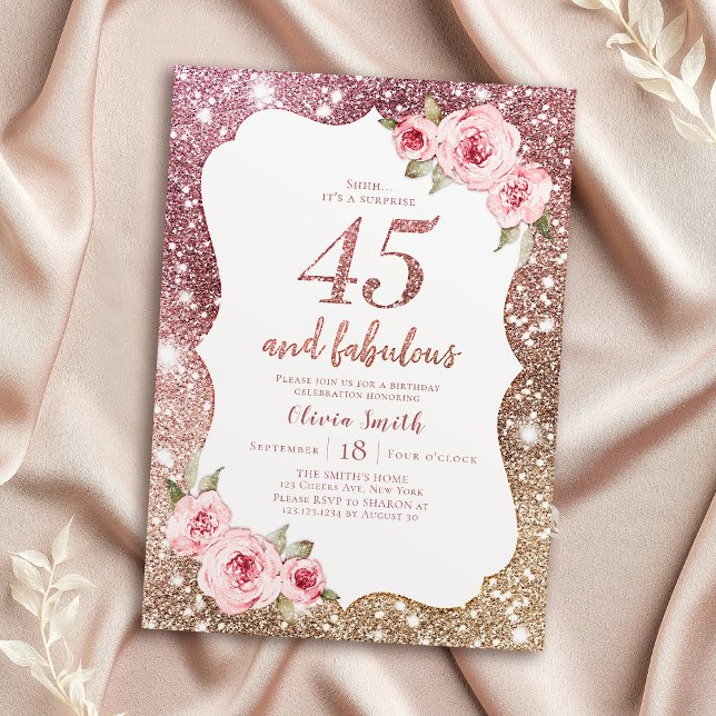 Invitation Parties scintillant en or rose étincelante et fleu (Sparkle rose gold glitter and floral 45th birthday invitation)
