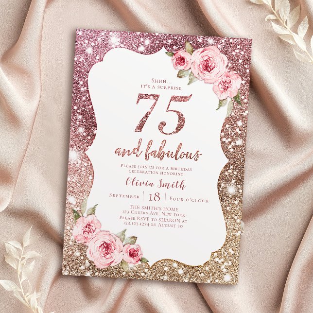 Invitation Parties scintillant en or rose étincelante et fleu (Sparkle rose gold glitter and floral 75th birthday invitation)