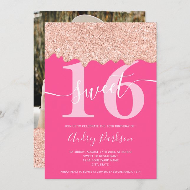 Invitation parties scintillant en or rose gouttes photo néon  (Devant / Derrière)