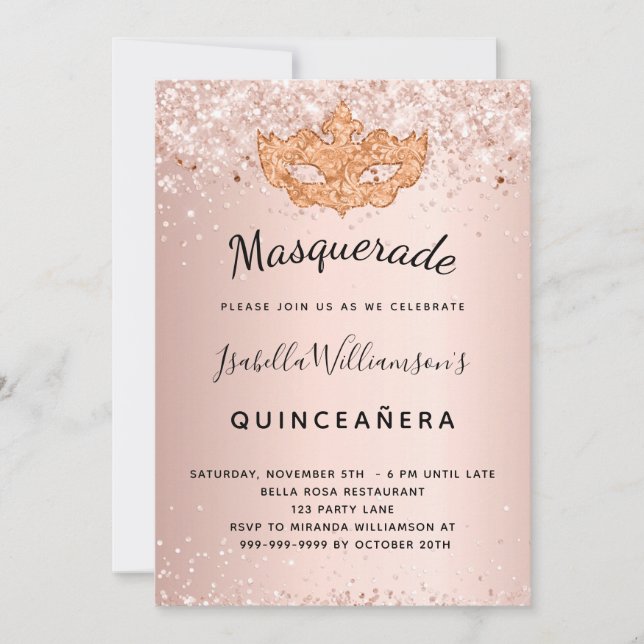 Invitation Parties scintillant en or rose mascarade Quinceane (Devant)