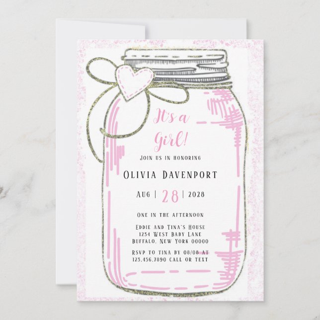 Invitation Parties scintillant en or rose Mason Jar Baby show (Devant)