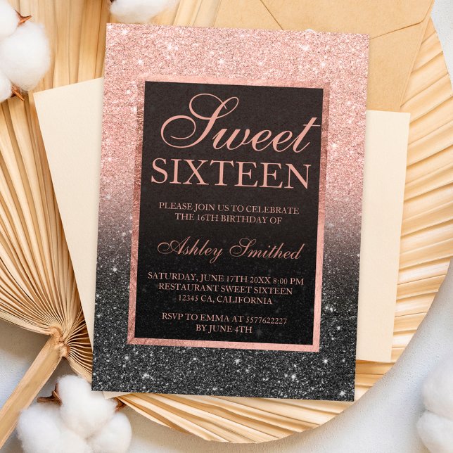 Invitation Parties scintillant en or rose noir élégant Sweet  (Black rose gold glitter elegant chic Sweet 16 Invitation)